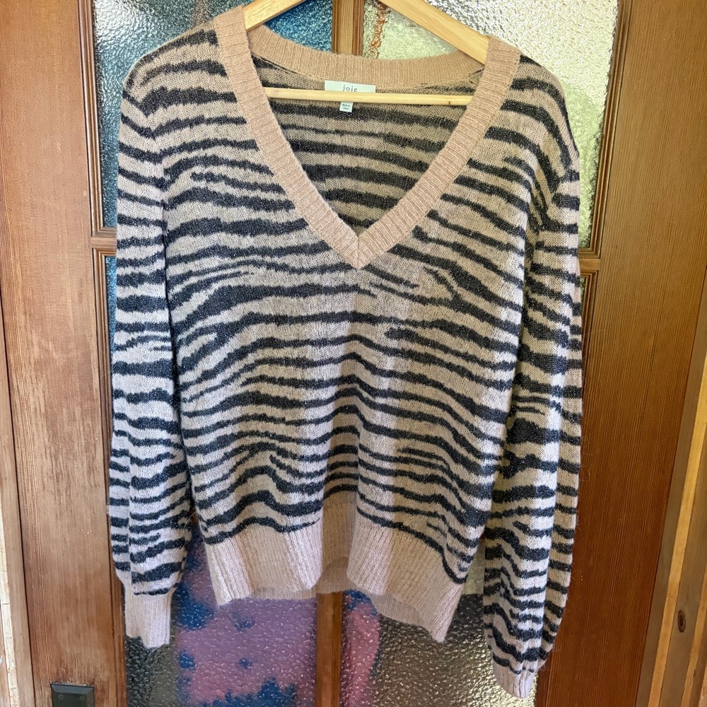 Joie Beige and Black Zebra-Stripe V-Neck Sweater